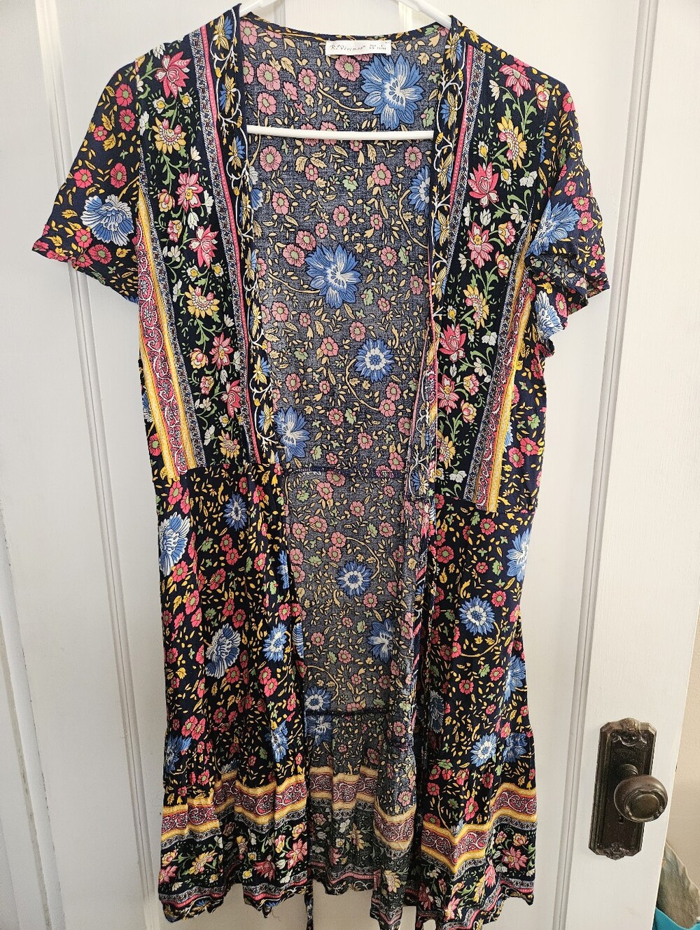 Floral Open-Front Boho Dress - Black with Blue & Pink Flowers